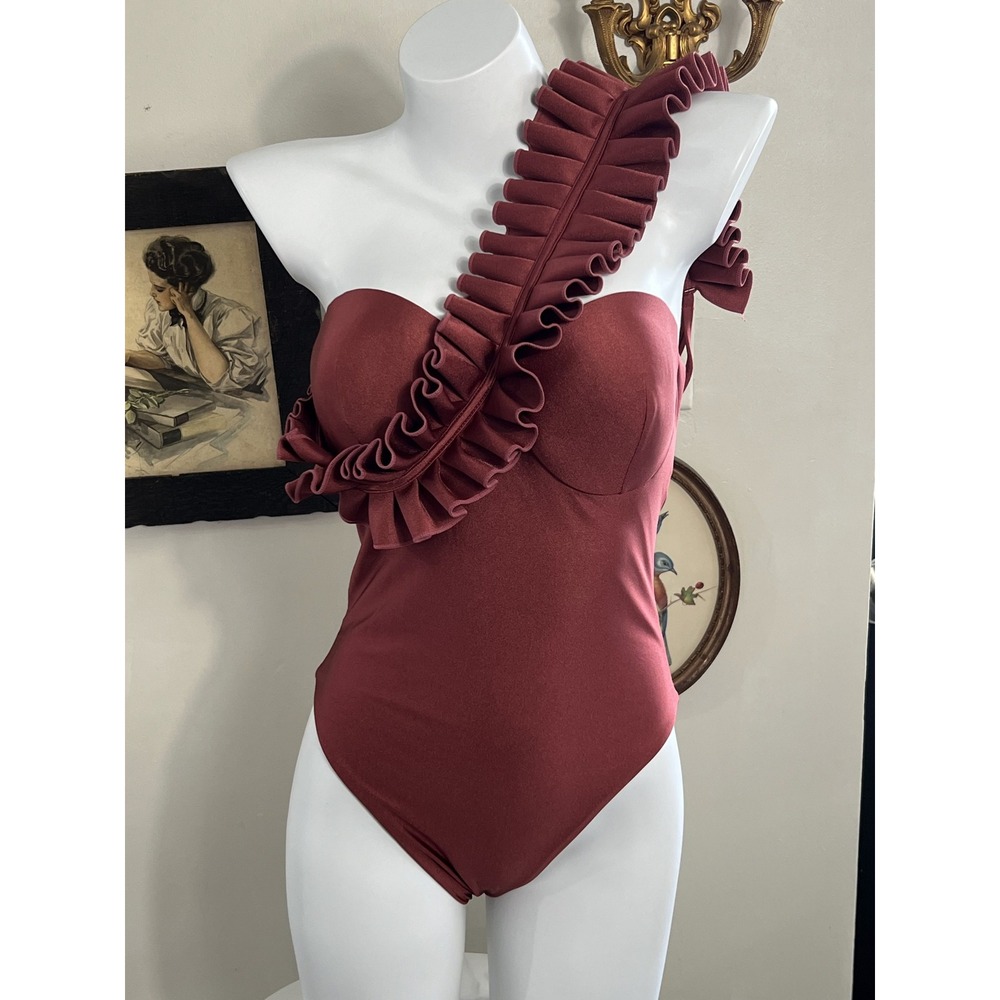 Andrea Iyamah Nisi Wine Red One-Shoulder Ruffle One-Piece Swimsuit Size L